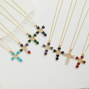 Gold-toned cross necklaces with heart-shaped colorful zircons and Virgin Mary charms