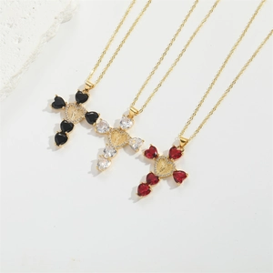 Exquisite gold cross pendant necklaces featuring heart-shaped stones and virgin mary medals