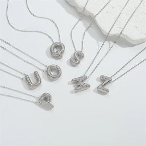Silver pave zircon bubble initial necklace featuring trendy alphabet pendants for women