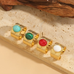 Vintage Copper Adjustable Ring Oval Stone Gold Plated Bohemian Woven Texture Ethnic Finger Jewelry For Women Party