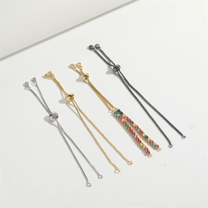 Detail of adjustable slider box chains with rainbow cubic zirconia inlay in multiple finishes