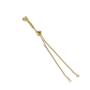 Adjustable golden box chain bracelet with sliding bead and three sparkling cubic zirconia accents