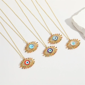 Colliers Oeil du Diable plaqués or 14K avec pendentifs colorés en zircon et résine