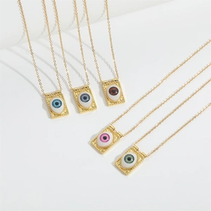 Vintage gold rectangle necklaces with colorful resin devil's eye charms in five shades