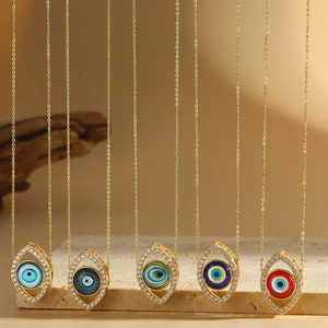 Vintage Exotic Fashion Evil Eye Pendant Necklace Copper Gold Plated Zirconia Resin Marquise Clavicle Chain Women Jewelry
