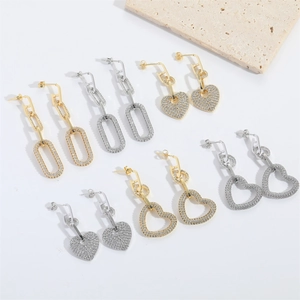 Elegant long heart drop earrings and oval link dangles in gold and silver finish