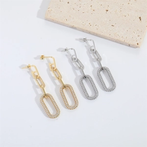 Romantic long interlocking oval earrings with micro-set rhinestones in gold and silver