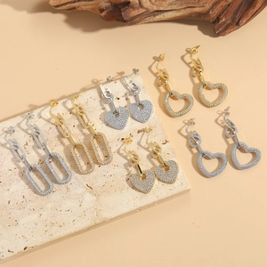 Copper Zirconia Heart And Geometric Loop Drop Earrings Romantic Rhinestone Pave Dangle Earrings For Women Fashion Jewelry