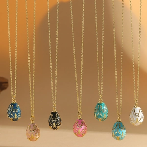 Vintage Faberge Style Copper Enamel Egg Pendant Necklace With Zirconia Delicate Carved Flower Jewelry For Women