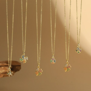 Sweet Copper Colorful Zirconia Windmill Pendant Necklace For Women Gold Plated Geometric Clover Star Clavicle Chain Jewelry