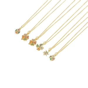 Six gold necklace styles with colorful windmill and clover pendants on white background