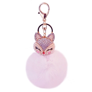 Detail of crystal fox charm with pink faux fur pompom and rose gold keychain hook