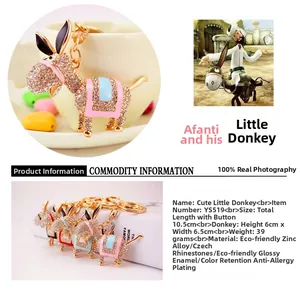 Detailed view of rhinestone donkey keychain featuring zinc alloy and colorful enamel finish