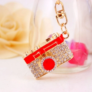 Creative crystal camera keychain with red enamel finish and sparkling rhinestones