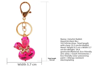 Close-up of pink rabbit keychain with Czech rhinestones and zinc alloy clasp details