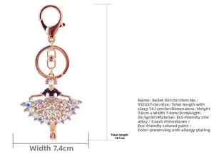 Detailed view of rose gold ballerina keychain with colorful Czech rhinestones and dimensions