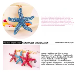 Macro detail of starfish keychain with blue and rose rhinestones on zinc alloy charm