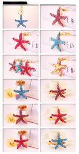 Detailed grid showing colorful rhinestone starfish keychains with gold lobster clasps