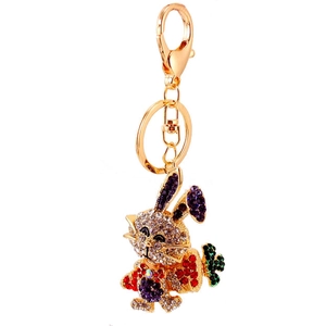 Creative rhinestone rabbit keychain with carrot in gold-plated alloy and colorful crystals