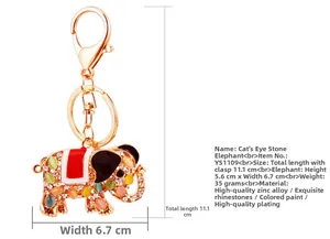 Detailed size specifications for alloy elephant keychain with opal and rhinestones