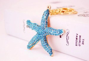 Detail of blue rhinestone starfish keychain with gold lobster clasp on white book