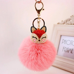 Creative Rhinestone Fox Head Faux Fur Ball Keychain Zinc Alloy Artificial Pearl Inlaid Bag Charm Pendant For Women Girls Gift