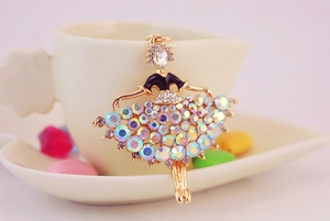 Close-up of ballet dancer keychain with sparkling AB crystal skirt and golden metal detail