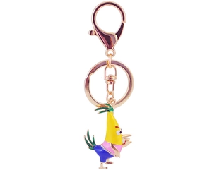 Detail of yellow cartoon bird keychain with gold metal lobster clasp and ring