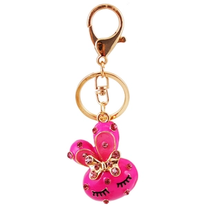 Creative pink rabbit keychain with sparkling rhinestones and gold-tone metal ring