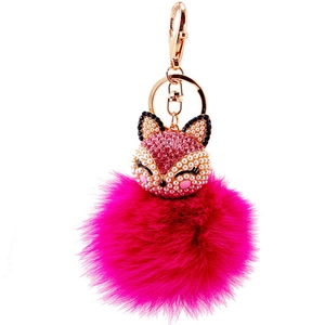 Creative crystal fox keychain with rose red faux fur pompom and pearl details