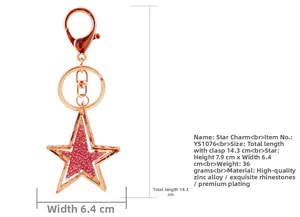 Détails du porte-clés étoile en strass avec dimensions 14,3 cm de long et 6,4 cm de large