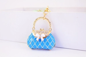 Detail of blue quilted enamel handbag charm with rhinestones and golden hook
