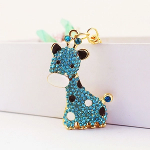 Porte-clés girafe dorée avec strass bleus et émail pour accessoires de sacs à main