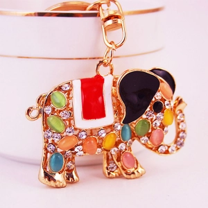 Golden elephant keychain with colorful opal stones and sparkling crystal accents