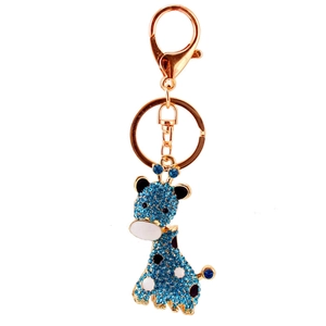 Porte-clés girafe en strass bleu brillant avec métal doré et fermoir mousqueton