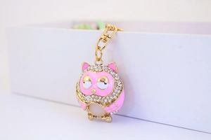 Detailed close-up of pink enamel owl keychain with sparkling white rhinestones