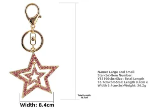 Detail view of pink rhinestone star keychain with dimensions and weight specs