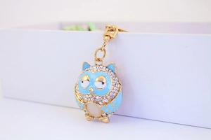 Macro shot of owl keychain with blue enamel and sparkling rhinestones on golden clip