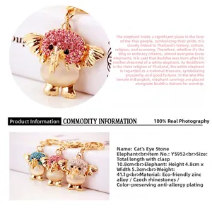 Detail of opal elephant keychain with sparkling rhinestones and gold plating finish