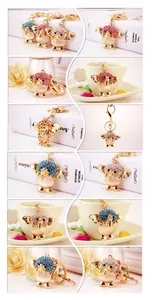 Detailed views of a gold elephant keychain with colorful crystals and opal stones