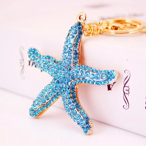 Sparkling blue rhinestone starfish keychain with gold lobster clasp for women's bags