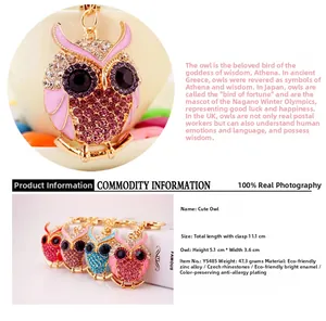 Detail view of colorful crystal owl keychains in pink blue purple and red colors