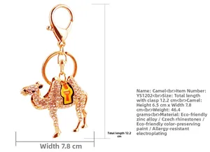 Macro detail of camel keychain with zinc alloy gold plating and Czech rhinestones