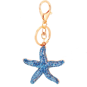 Sparkling blue rhinestone starfish keychain with rose gold plated lobster clasp for women