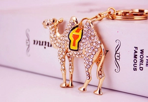 Detailed view of camel keychain with sparkling rhinestones and colorful enamel saddle