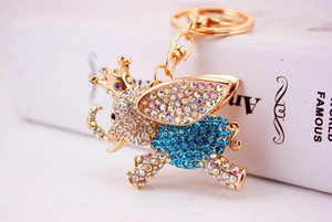 Macro view of flying elephant keychain with blue rhinestones and gold-tone finish