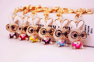 Detailed view of colorful cartoon rabbit keychains with rhinestones and gold rings
