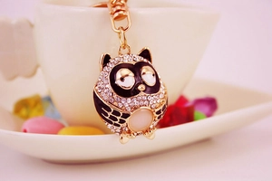 Detail shot of a golden owl keychain with sparkling rhinestones and white opal stone