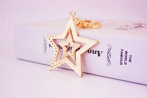 Detail of a golden layered star keychain featuring brushed metal texture and ring attachment