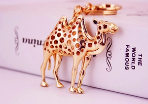 Detail view of a gold-plated camel keychain with an intricate hollow lattice pattern